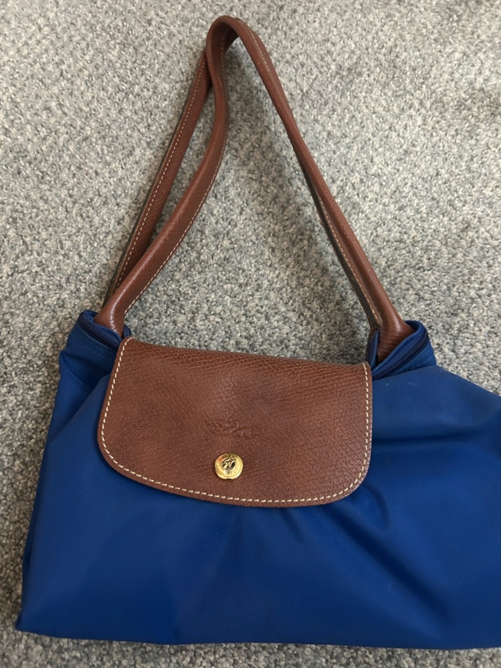 Longchamp Navy Nylon Shoulder Bag with Brown Leather Trim